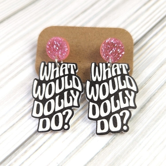 Dolly Parton What Would Dolly Do Charm Earrings Pink Glitter Black & White NWT - Picture 1 of 5